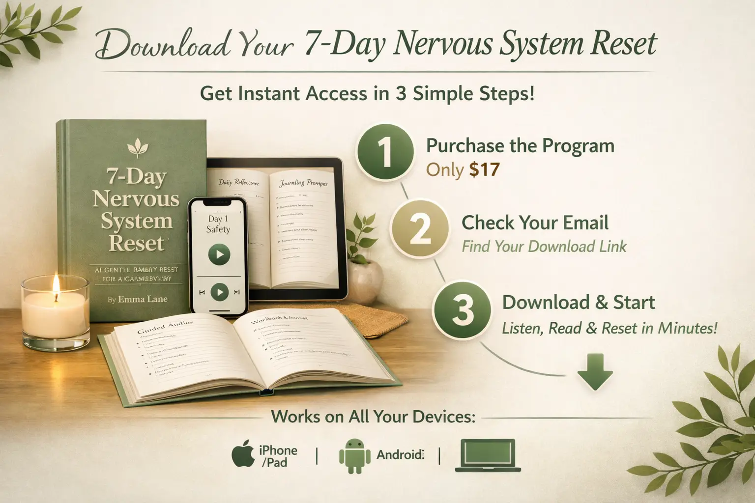 7-Day Nervous System Reset digital wellness workbook and guided audio program for anxiety relief and emotional balance
